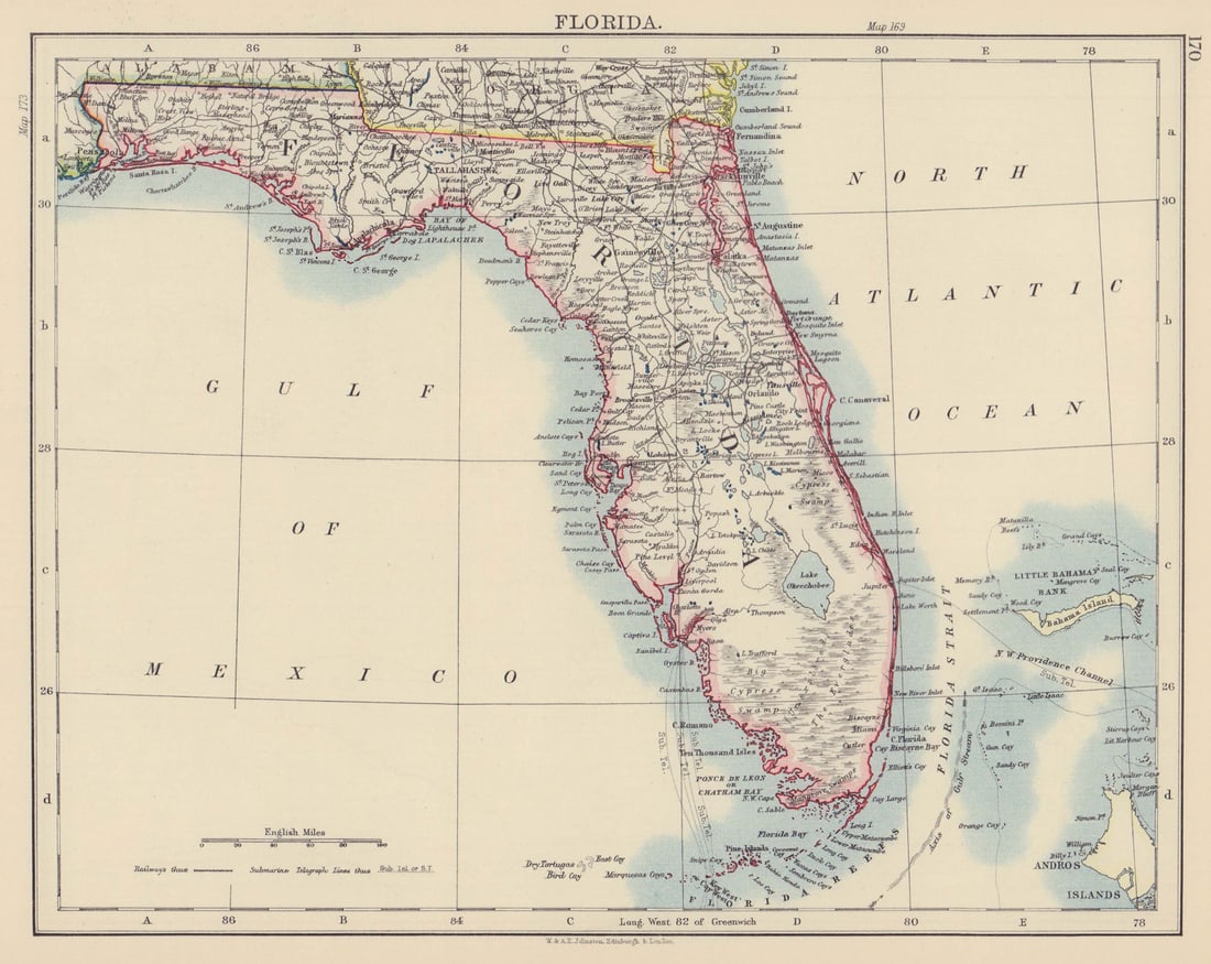 FLORIDA. State map. Shows Miami. Railroads. JOHNSTON 1901 old antique (1 of 1)