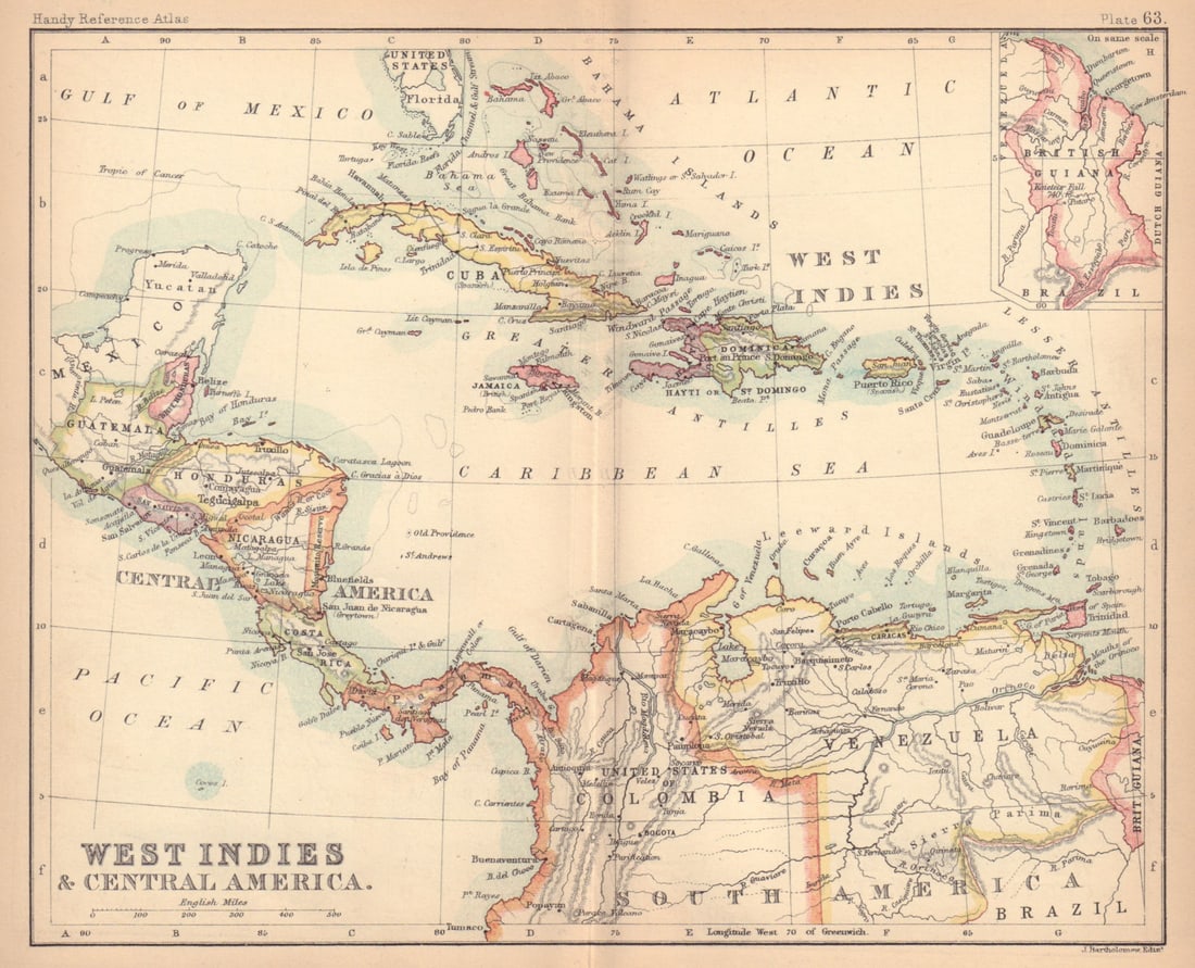 West Indies & Central America. Caribbean. BARTHOLOMEW 1888 old antique map (1 of 1)
