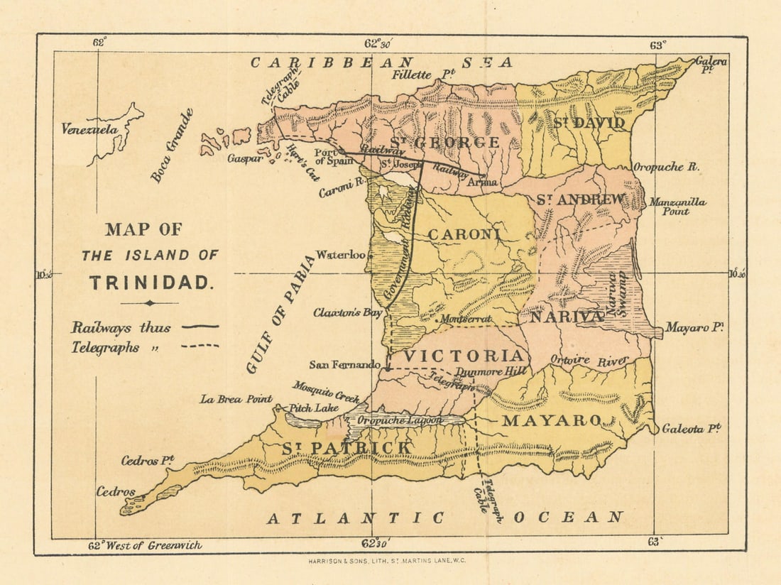 Map of the island of Trinidad. Counties. WASHINGTON EVES 1889 old antique: Title: Map of the island of Trinidad. Counties. WASHINGTON EVES 1889 old antique Description: Map of the island of Trinidad'. Charles Washington Eves. Harrison & Sons. Lith., St Martin's Lane.