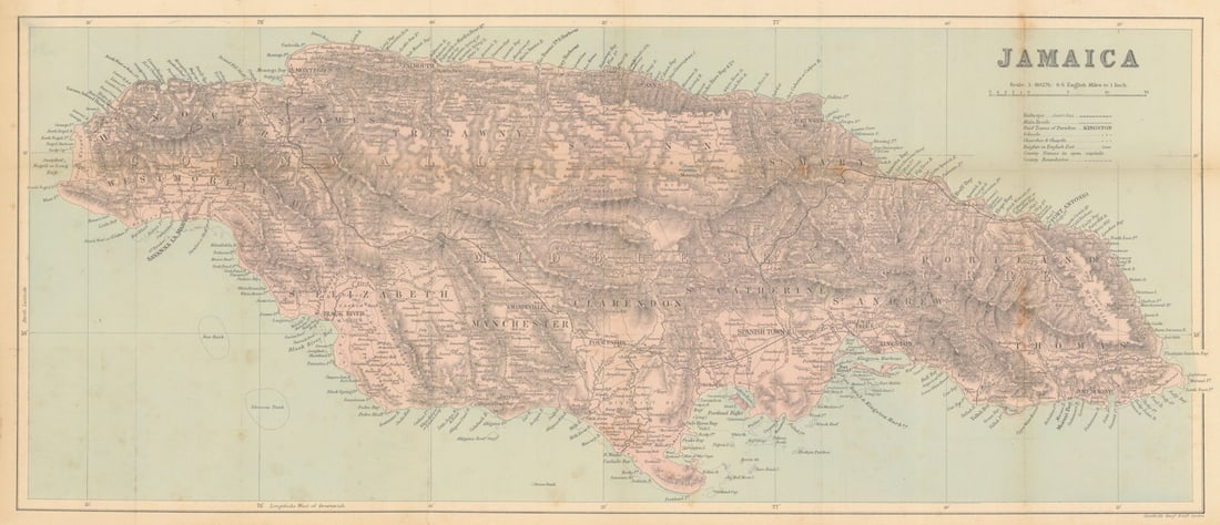 Jamaica. Counties and parishes. Railways. STANFORD / WASHINGTON EVES 1897 map (1 of 1)