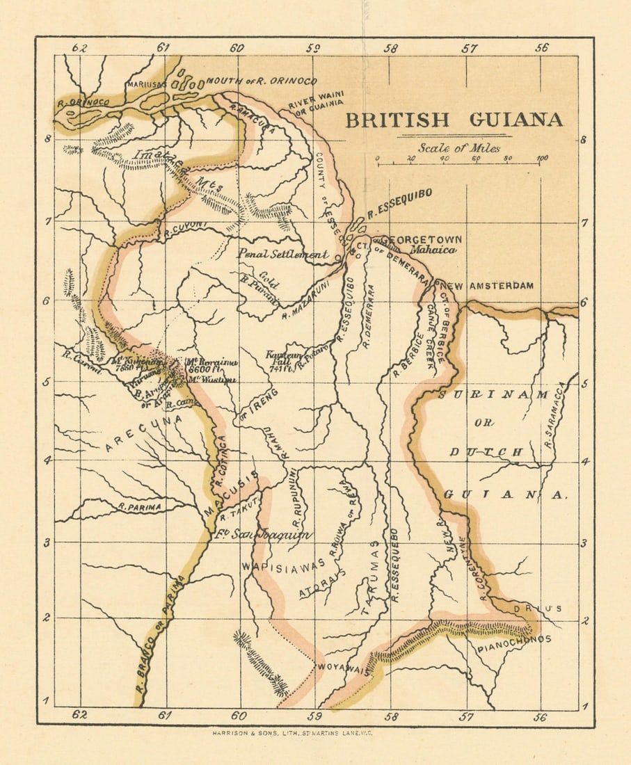 British Guiana. Guyana. WASHINGTON EVES 1889 old antique map plan chart: Title: British Guiana. Guyana. WASHINGTON EVES 1889 old antique map plan chart Description: British Guiana'. Charles Washington Eves. Harrison & Sons. Lith., St Martin's Lane. Published 1889. Antique