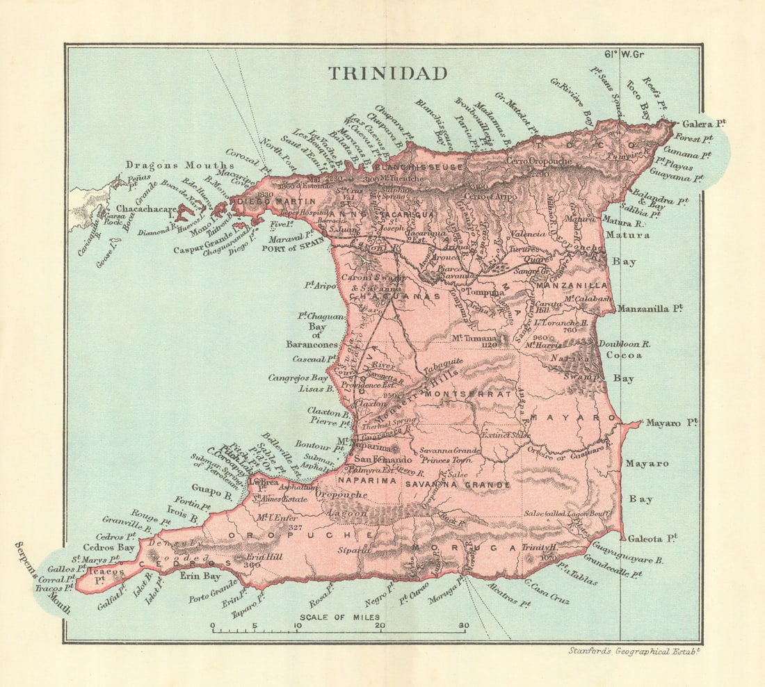 TRINIDAD. Vintage map. West Indies. Caribbean 1910 old antique plan chart: Title: TRINIDAD. Vintage map. West Indies. Caribbean 1910 old antique plan chart Description: Trinidad'. Stanford's Geographical Establishment. Published 1910. Vintage colour map. Size 14 x 16 cm | 5.