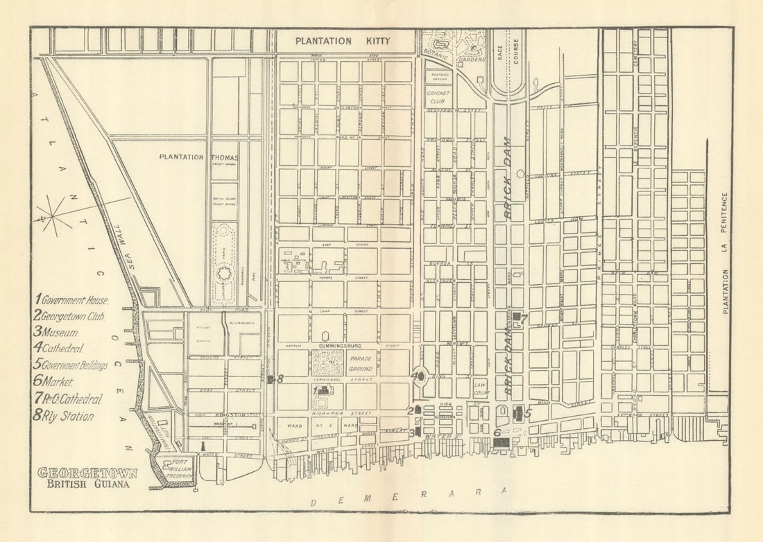 GEORGETOWN. Vintage town map. British Guiana (Guyana) /Guyana. Caribbean 1910: Title: GEORGETOWN. Vintage town map. British Guiana (Guyana) /Guyana. Caribbean 1910 Description: Georgetown British Guiana'. Stanford, Edward. Published 1910. Vintage sketch map. Size 14 x 20 cm | 5.