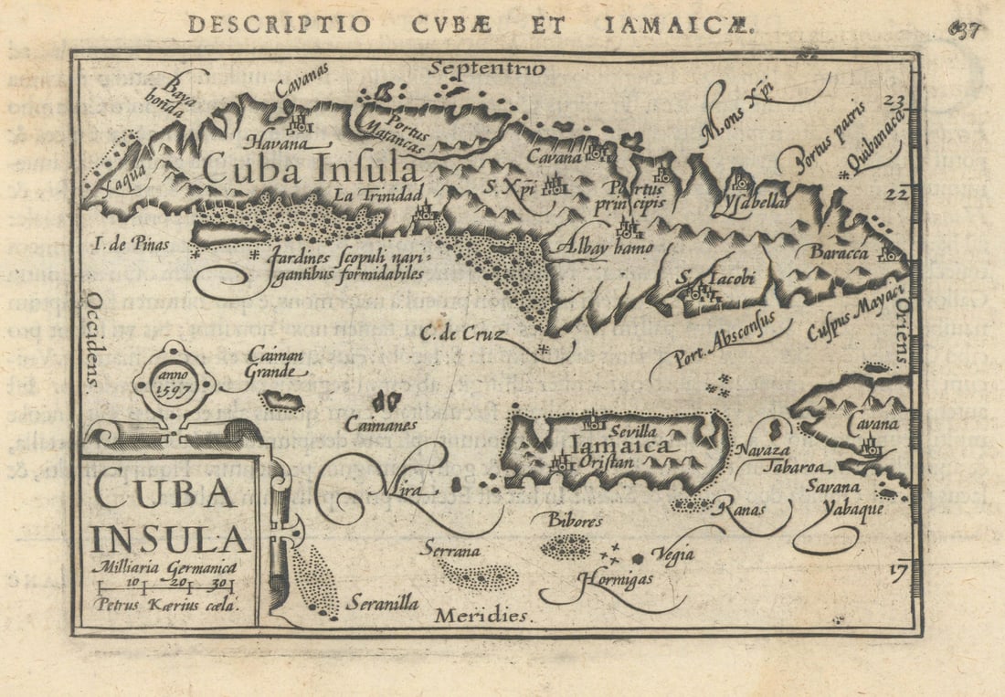 Cubae & Iamaicae /Cuba Insula by Bertius/Langenes. Cuba Jamaica Caymans 1603 map (1 of 1)