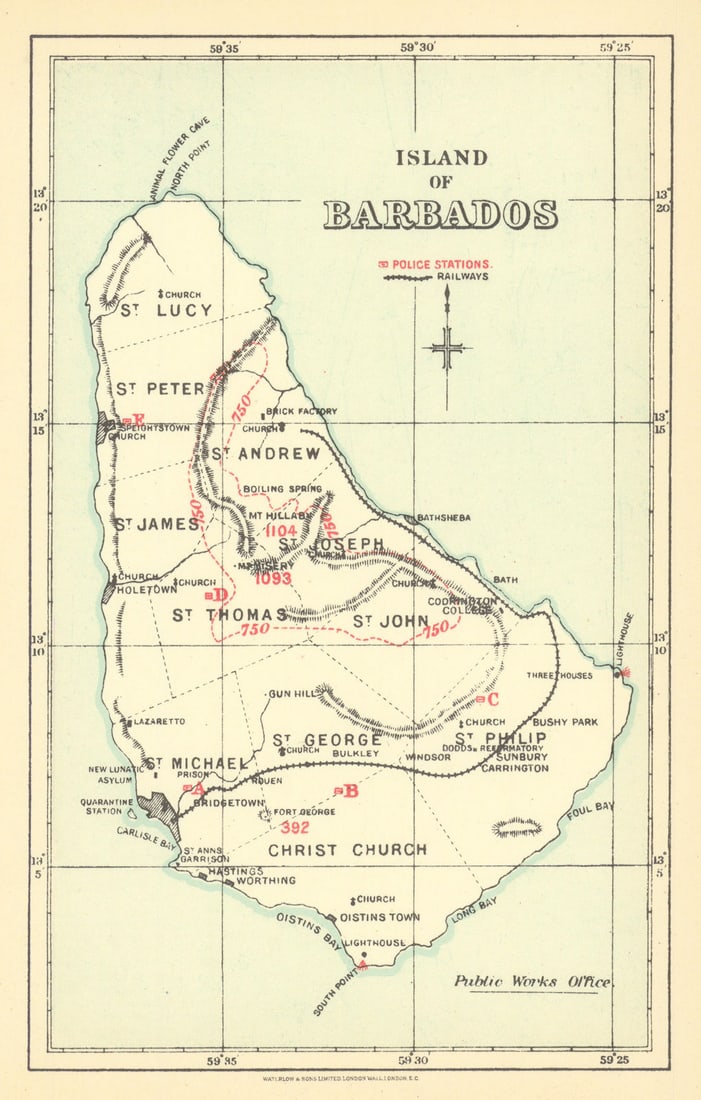 Island of Barbados showing police stations by Waterlow & Sons 1938 old map: Title: Island of Barbados showing police stations by Waterlow & Sons 1938 old map Description: Island of Barbados'. Waterlow & Sons Ltd., London Wall, London. Published 1938. Antique colour map. Size