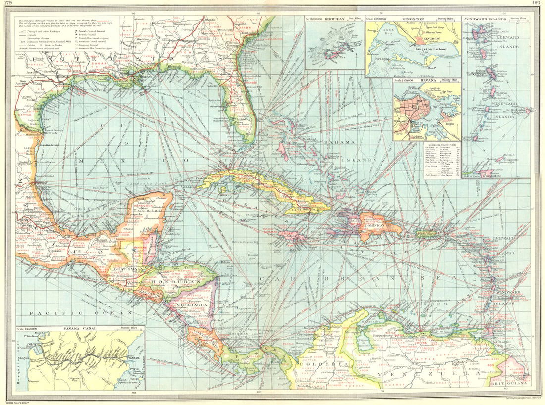 CARIBBEAN CENTRAL AMERICA. Industry & Comms; Panama Canal; Bermuda 1907 map (1 of 1)