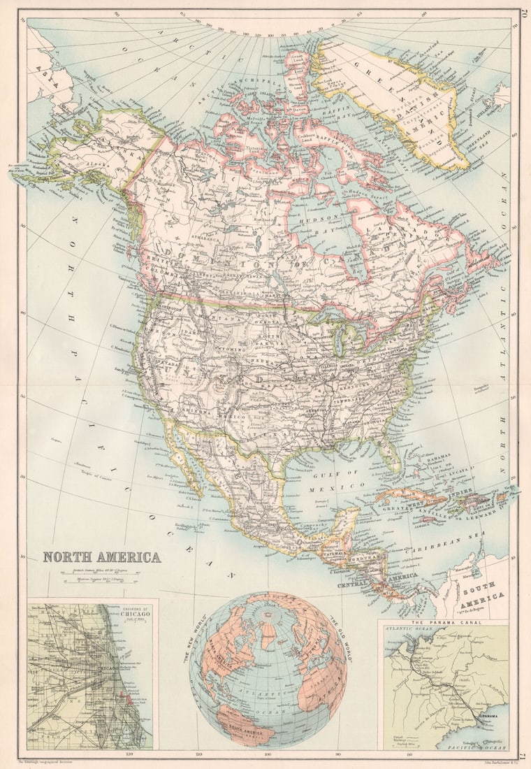NORTH AMERICA. Inset Chicago & the Panama Canal. BARTHOLOMEW 1891 old map (1 of 1)