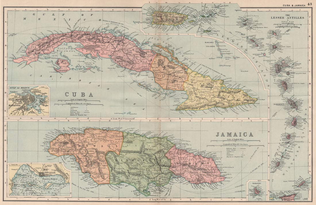WEST INDIES. Cuba Jamaica Lesser Antilles. Inset Havana Kingston. BACON 1893 map (1 of 1)