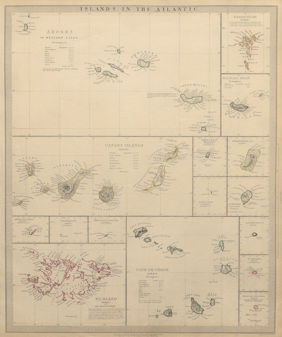 ATLANTIC ISLANDS.Azores Faeroes Madeira Canary Bermuda Falklands.SDUK 1844 map (1 of 1)