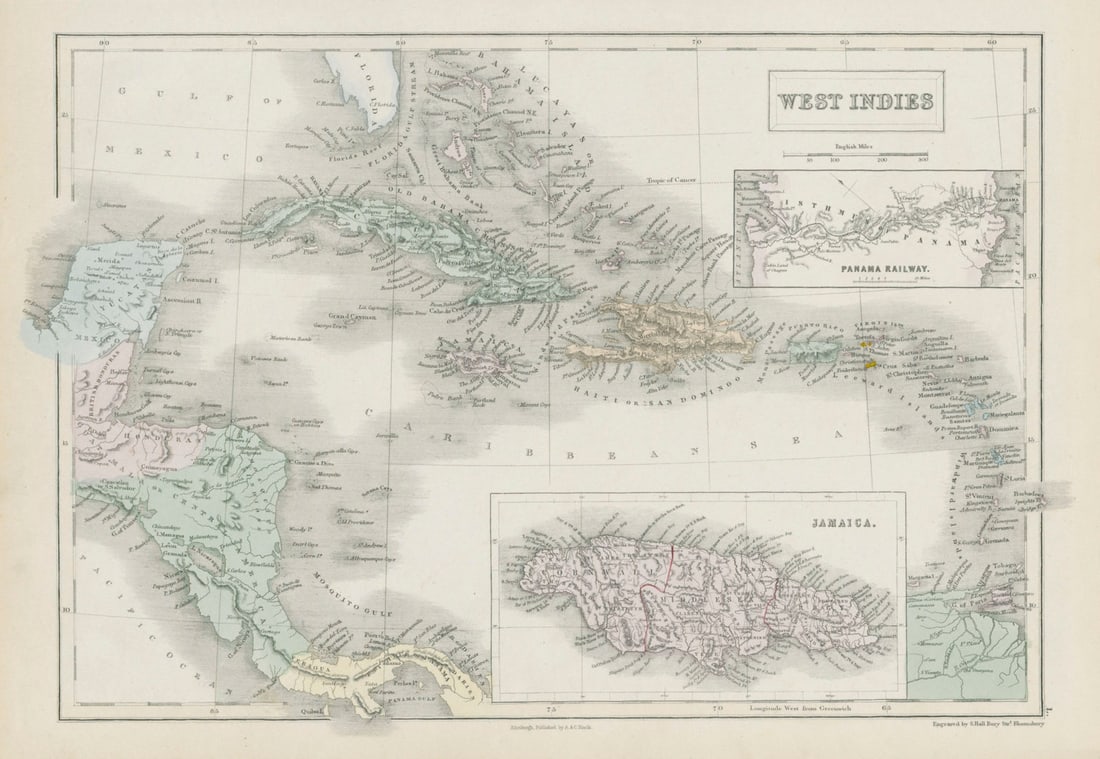 West Indies. Inset Panama Railway & Jamaica. Caribbean. SIDNEY HALL 1856 map (1 of 1)