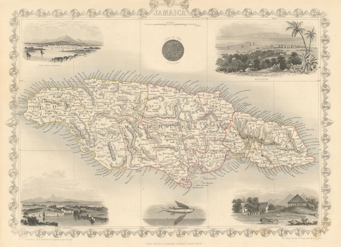 JAMAICA. Counties/parishes. Sugar Mill & Kingston views. RAPKIN/TALLIS 1851 map (1 of 1)