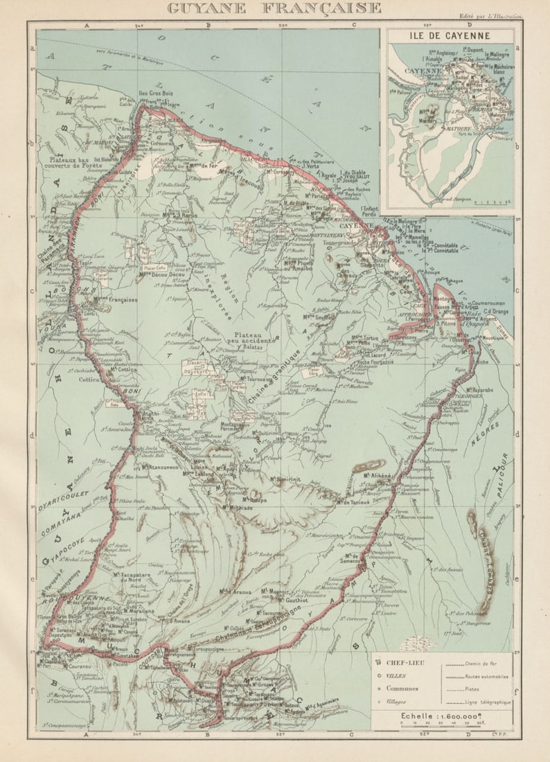 FRENCH GUIANA. Guyane Française. Île de Cayenne plan 1929 old vintage map: Title: FRENCH GUIANA. Guyane Française. Île de Cayenne plan 1929 old vintage map Description: Guyane Française. Inset: Île de Cayenne'. Commandant P. Pollacchi. Published 1929. Vin