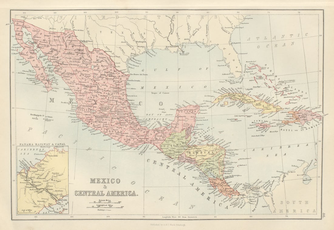 Mexico & Central America. Panama Canal 32 yrs pre-opening. BARTHOLOMEW 1882 map (1 of 1)