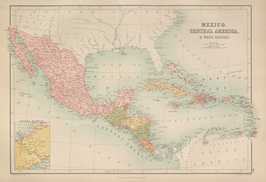 Mexico, Central America & West Indies. Panama Railway. BARTHOLOMEW 1870 map: Title: Mexico, Central America & West Indies. Panama Railway. BARTHOLOMEW 1870 map Description: Mexico, Central America, & West Indies' by Bartholomew, John. Published 1870. Antique atlas map. Siz