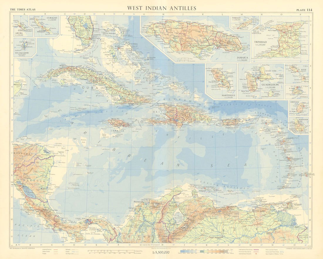 West Indies. Antilles Caribbean Jamaica Trinidad. TIMES 1957 old vintage map: Title: West Indies. Antilles Caribbean Jamaica Trinidad. TIMES 1957 old vintage map Description: West Indian Antilles // Aruba // Curaçao // San Salvador // Jamaica // Tobago // Trinidad // Marti
