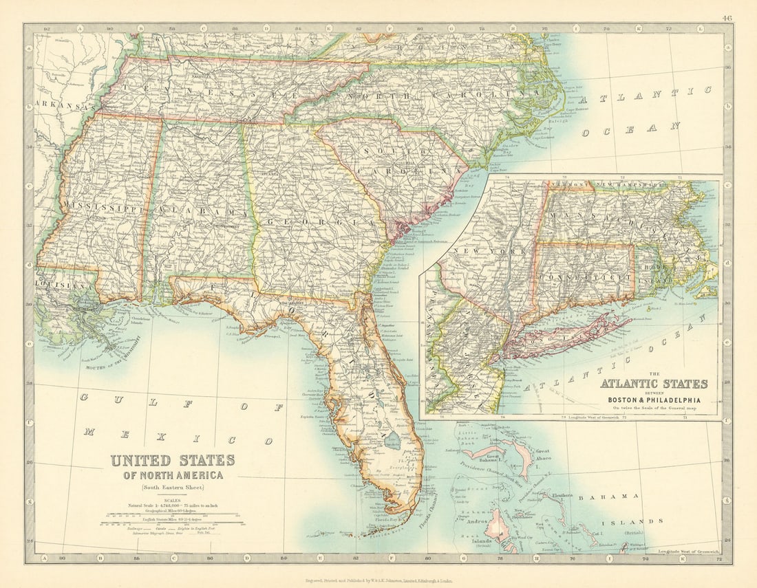 USA DEEP SOUTH. Florida Georgia Carolinas Alabama Tennessee. JOHNSTON 1911 map (1 of 1)