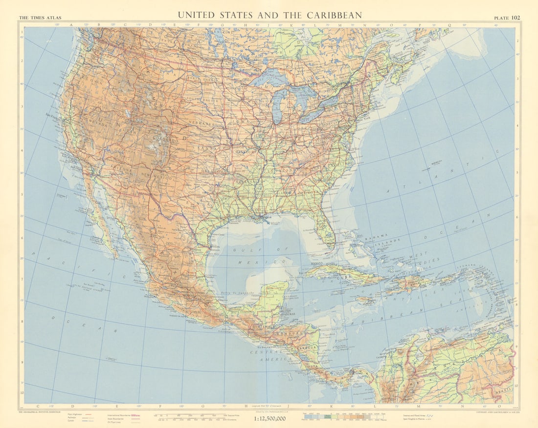 United States and the Caribbean. North America Mexico. TIMES 1957 old map (1 of 1)