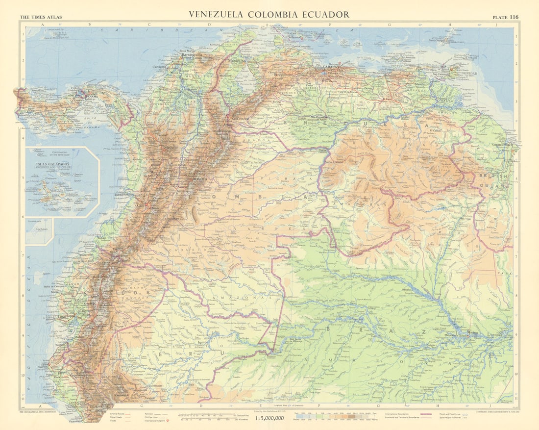 Venezuela Colombia Ecuador Amazonia. Northern Andean States. TIMES 1957 map: Title: Venezuela Colombia Ecuador Amazonia. Northern Andean States. TIMES 1957 map Description: Venezuela // Colombia // Ecuador // Islas Galapagos'. John Bartholomew & son. Published 1957. Vintage co