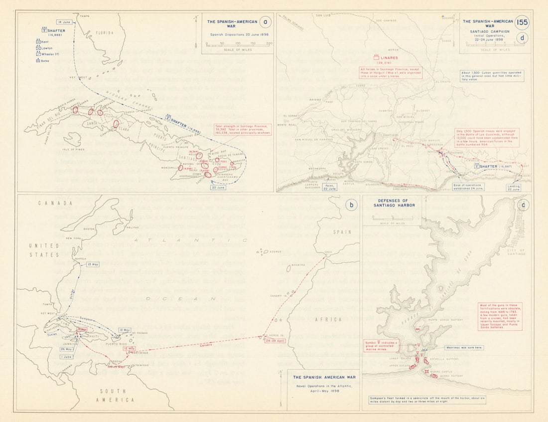 Spanish-American War. April-June 1898 Santiago de Cuba Campaign 1959 old map (1 of 1)