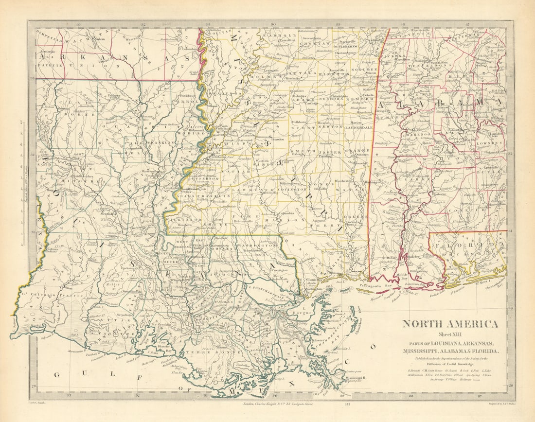 US GULF COAST. Louisiana Mississippi Alabama Florida panhandle. SDUK 1851 map: Title: US GULF COAST. Louisiana Mississippi Alabama Florida panhandle. SDUK 1851 map Description: NORTH AMERICA, SHEET XIII., Parts of Louisiana, Arkansas, Mississippi, Alabama & Florida'. A small
