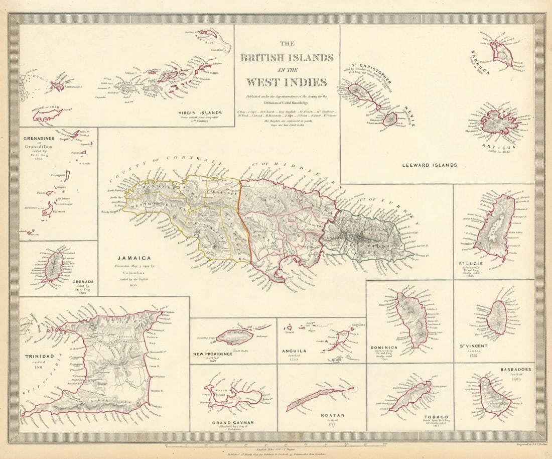 BRITISH WEST INDIES. Jamaica Antilles Virgin Cayman Islands. SDUK 1844 old map: Title: BRITISH WEST INDIES. Jamaica Antilles Virgin Cayman Islands. SDUK 1844 old map Description: BRITISH WEST INDIES; Jamaica, Trinidad, Virgin Islands, Leeward Islands (St Christopher, Nevis, Barbu