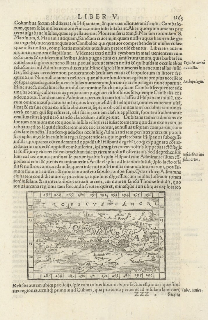 Map of Cuba with Sea monster by Sebastian Munster 1572 old antique chart (1 of 1)