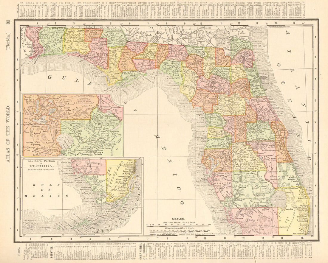 Florida state map showing counties. RAND MCNALLY 1906 old antique chart (1 of 1)