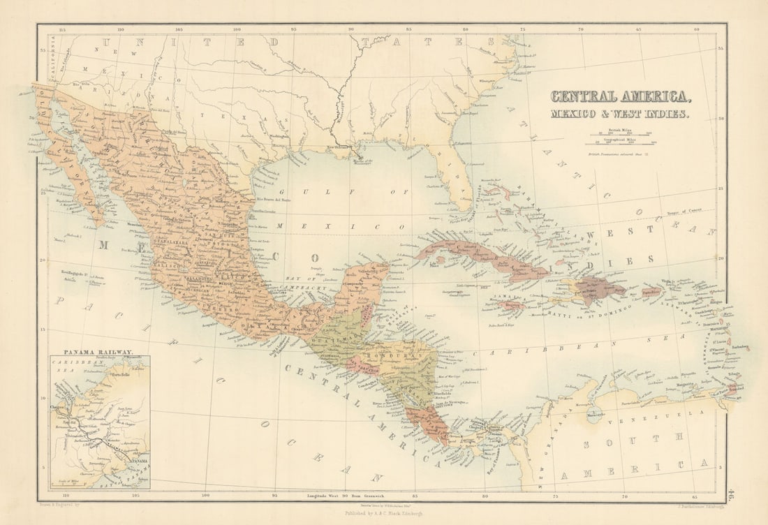 Central America, Mexico & West Indies. Panama Railway. BARTHOLOMEW 1862 map: Title: Central America, Mexico & West Indies. Panama Railway. BARTHOLOMEW 1862 map Description: Central America, Mexico & West Indies' by Bartholomew, John. Published 1862. Antique coloured atlas