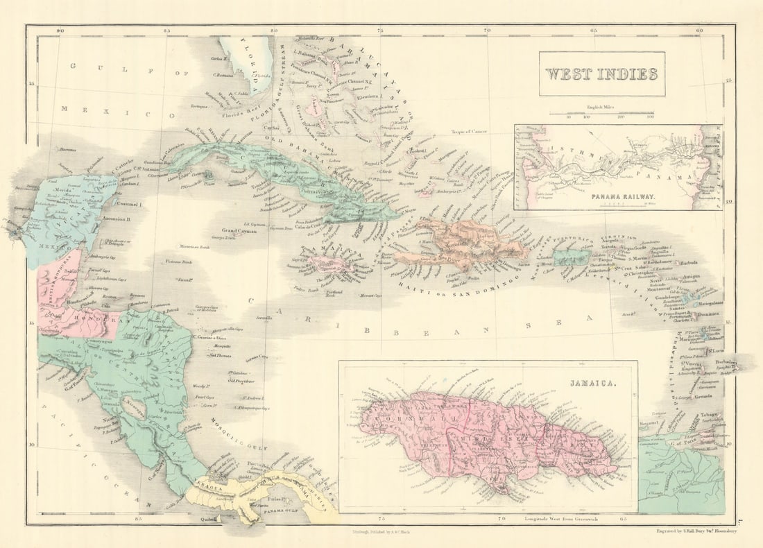 West Indies. Inset Panama Railway & Jamaica. Caribbean. SIDNEY HALL 1854 map (1 of 1)