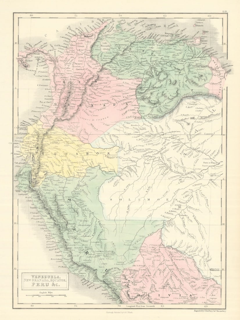Andean States. Venezuela New Granada Ecuador Peru Colombia. SIDNEY HALL 1854 map: Title: Andean States. Venezuela New Granada Ecuador Peru Colombia. SIDNEY HALL 1854 map Description: Venezuela, New Granada, Equador, Peru &c.' by Hall, Sidney. Published 1854. Antique atlas map w