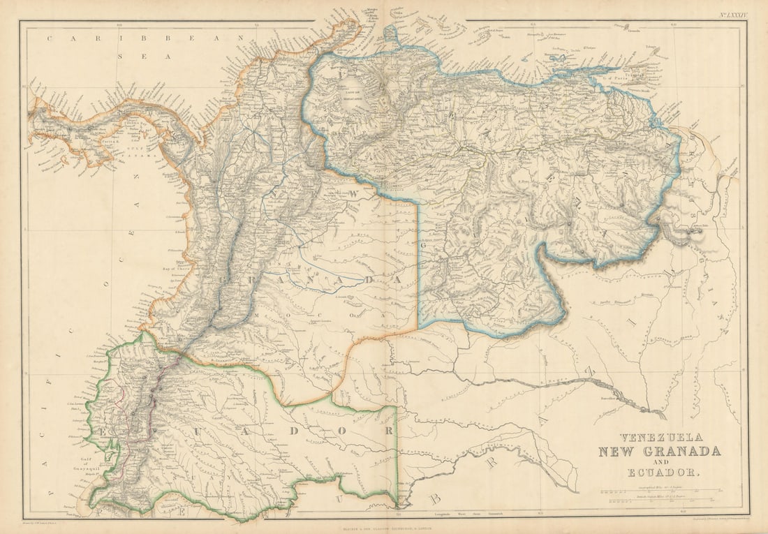 Venezuela, New Granada & Ecuador by J.W. Lowry. Colombia 1860 old antique map (1 of 1)