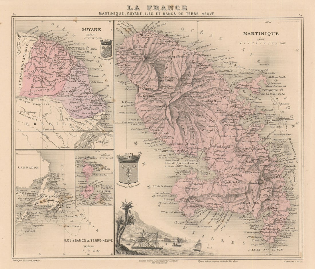 Martinique, Guyane, St Pierre & Miquelon. French Guyana. Vuillemin 1890 map: Title: Martinique, Guyane, St Pierre & Miquelon. French Guyana. Vuillemin 1890 map Description: Martinique, Guyane, Iles et Bancs de Terre Neuve' by Vuillemin, Alexandre. Published 1890. Original anti