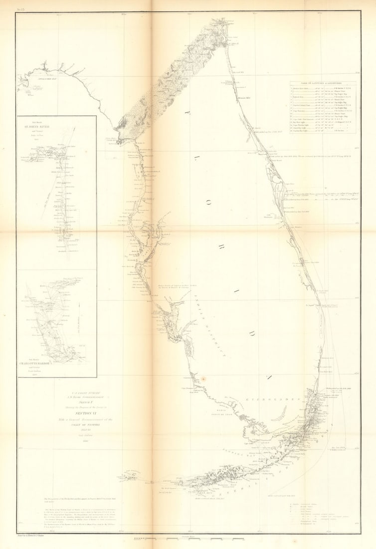 US Coast Survey §VI Florida. St John's River & Charlotte Harbor. Miami 1860 map: Title: US Coast Survey §VI Florida. St John's River & Charlotte Harbor. Miami 1860 map Description: U.S. Coast Survey Sketch F showing the progress of the survey in Section VI with a general reco