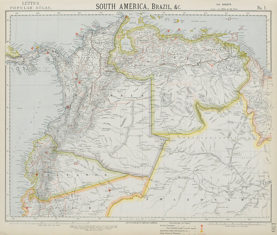 AMAZONIA & ANDEAN STATES. Colombia includes Panama. Venezuela. LETTS 1884 map (1 of 1)