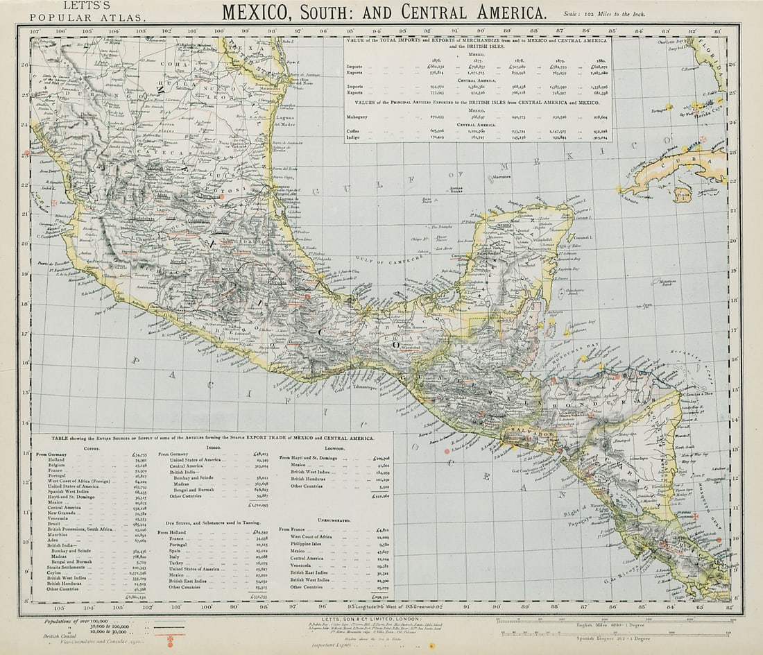 SOUTHERN MEXICO & CENTRAL AMERICA. Lighthouses. Key West Yucatan. LETTS 1884 map: Title: SOUTHERN MEXICO & CENTRAL AMERICA. Lighthouses. Key West Yucatan. LETTS 1884 map Description: Mexico, South and Central America'. Published by Letts & Co. Most of the plates used for this atlas