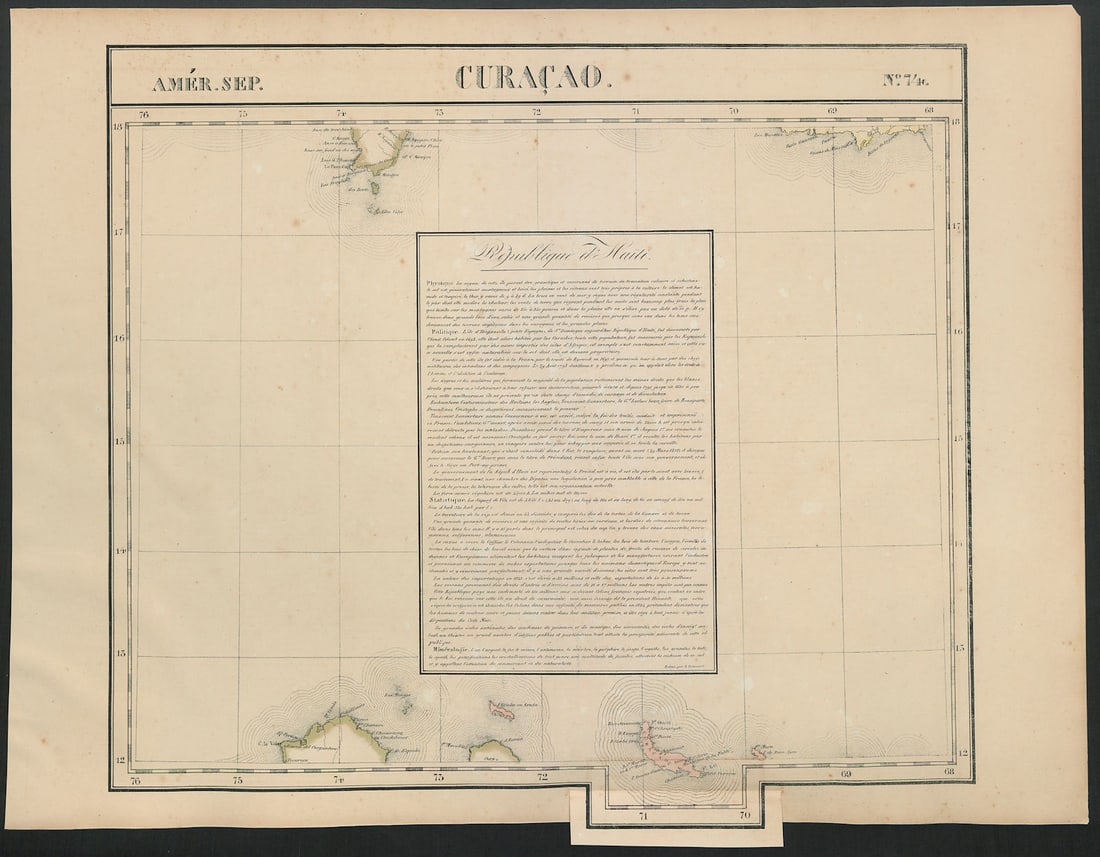 Amér. Sep. Curacao #74. Aruba Bonaire Puerto Rico Beata. VANDERMAELEN 1827 map: Title: Amér. Sep. Curacao #74. Aruba Bonaire Puerto Rico Beata. VANDERMAELEN 1827 map Description: Amér. Sep. - Curacao - No. 74'. The map covers the Caribbean Sea between Cabo Beata, Domini