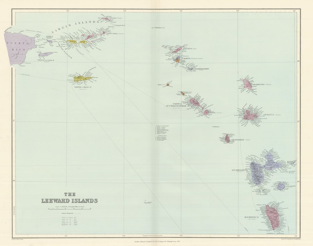 Leeward Islands. West Indies Virgin Antigua Dominica St. Kitts STANFORD 1894 map: Title: Leeward Islands. West Indies Virgin Antigua Dominica St. Kitts STANFORD 1894 map Description: The Leeward Islands'. Stanford's Geographical Establishment. Published 1894. Large (folio) antique