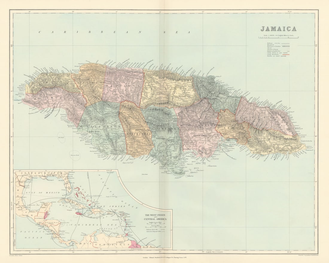 Jamaica, in parishes. West Indies telegraph cables. 51x63cm. STANFORD 1896 map: Title: Jamaica, in parishes. West Indies telegraph cables. 51x63cm. STANFORD 1896 map Description: Jamaica'. Stanford's Geographical Establishment. Published 1896. Large (folio) antique atlas map. Siz
