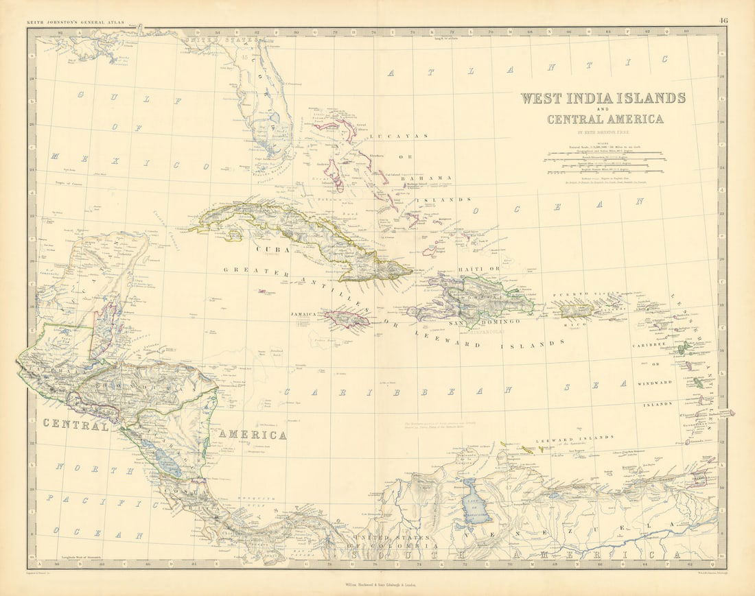 West India Islands & Central America. Caribbean. 50x60cm. JOHNSTON 1876 map (1 of 1)