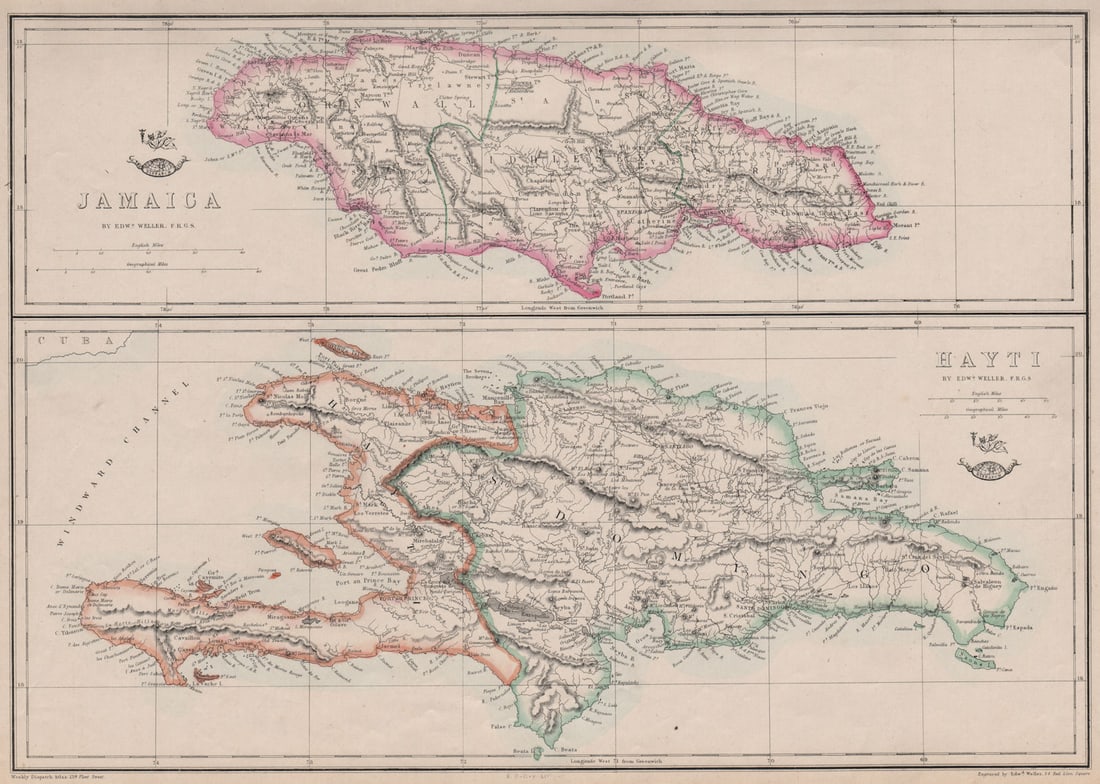 JAMAICA & HAITI. 'Hayti'. Caribbean West Indies. WELLER 1863 old antique map (1 of 1)