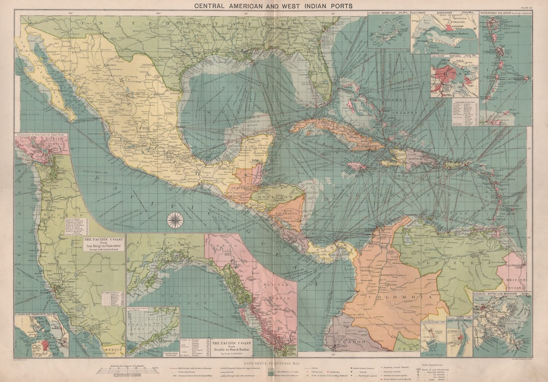 Central America Caribbean Gulf of Mexico chart Ports lighthouses LARGE 1918 map (1 of 1)