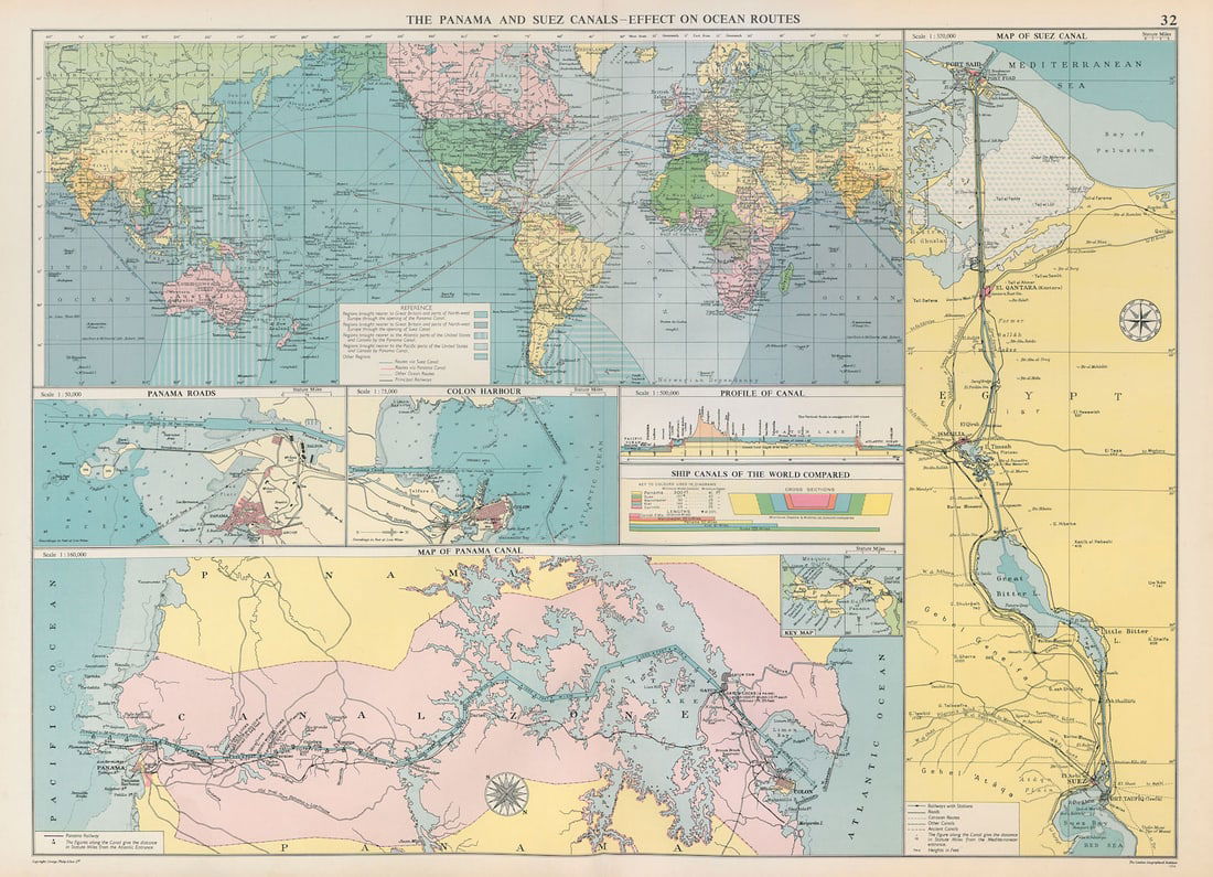 PANAMA & SUEZ CANALS effect on Ocean Routes. Maps profiles. LARGE 1952 old (1 of 1)
