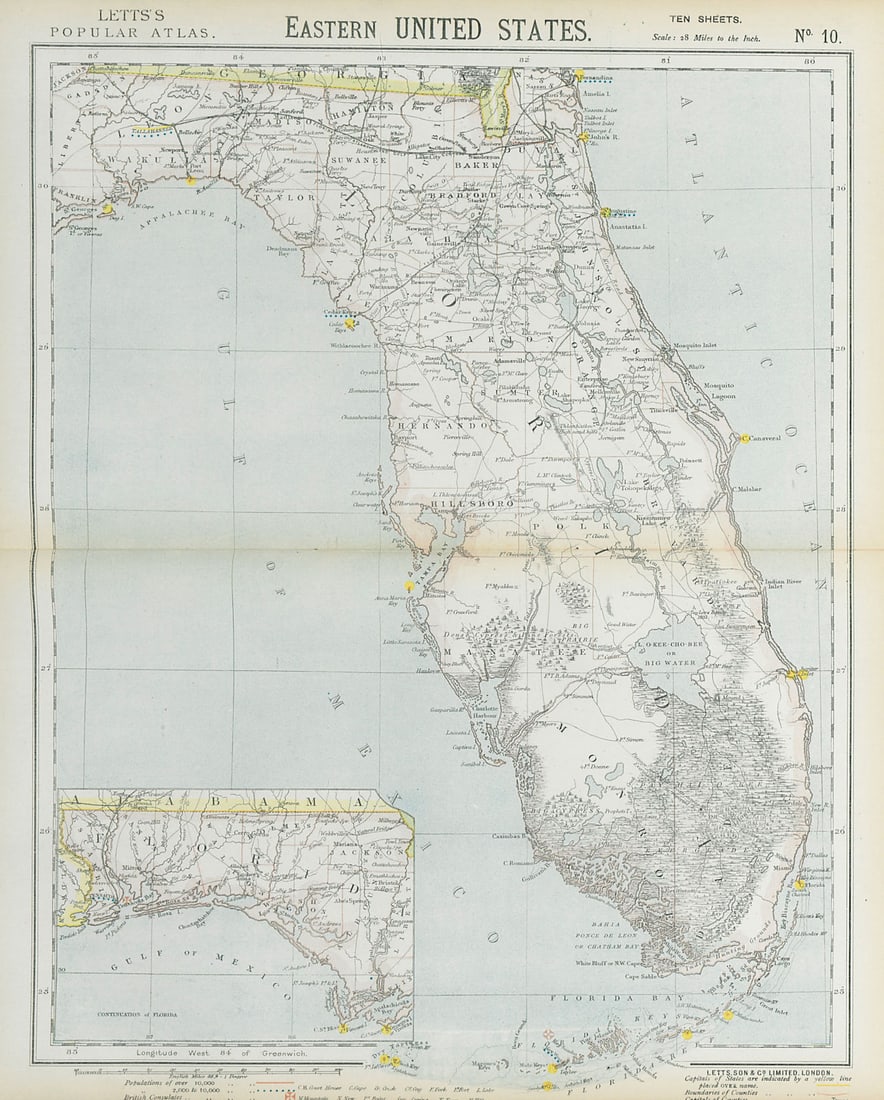 FLORIDA railroads lighthouses forts. Miami Tampa Fort Lauderdale. LETTS 1883 map: Title: FLORIDA railroads lighthouses forts. Miami Tampa Fort Lauderdale. LETTS 1883 map Description: Eastern United States No 10'. Published by Letts & Co. Most of the plates used for this atlas were