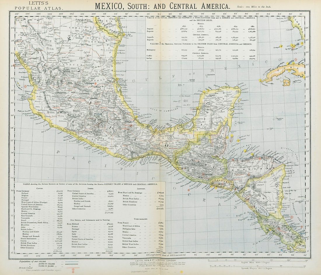 SOUTHERN MEXICO & CENTRAL AMERICA. Lighthouses. Key West Yucatan. LETTS 1883 map (1 of 1)
