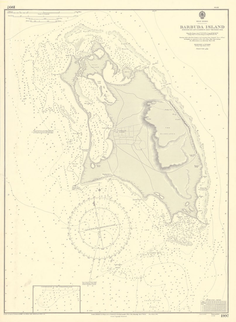 Barbuda Island. West Indies Caribbean. ADMIRALTY sea chart 1850 (1966) old map (1 of 1)