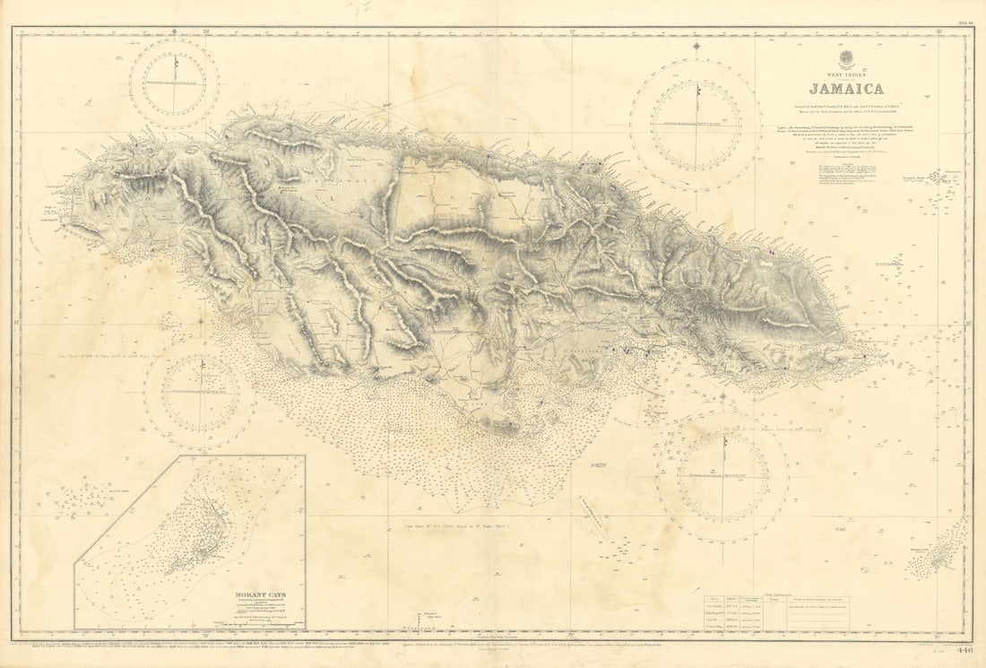 Jamaica. West Indies Caribbean. ADMIRALTY sea chart 1880 (1946) old map: Title: Jamaica. West Indies Caribbean. ADMIRALTY sea chart 1880 (1946) old map Description: West Indies - Jamaica'. Surveyed by Staff Comr. G. Stanley, R.N. 1873-5; and Lieut. T.F. Pullen, R.N., 1876-