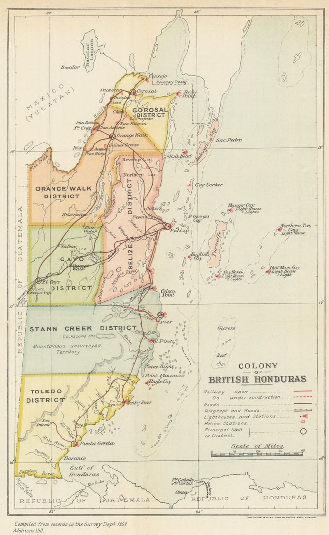 Map of British Honduras showing districts & railways. Belize 1909 (1919) (1 of 1)