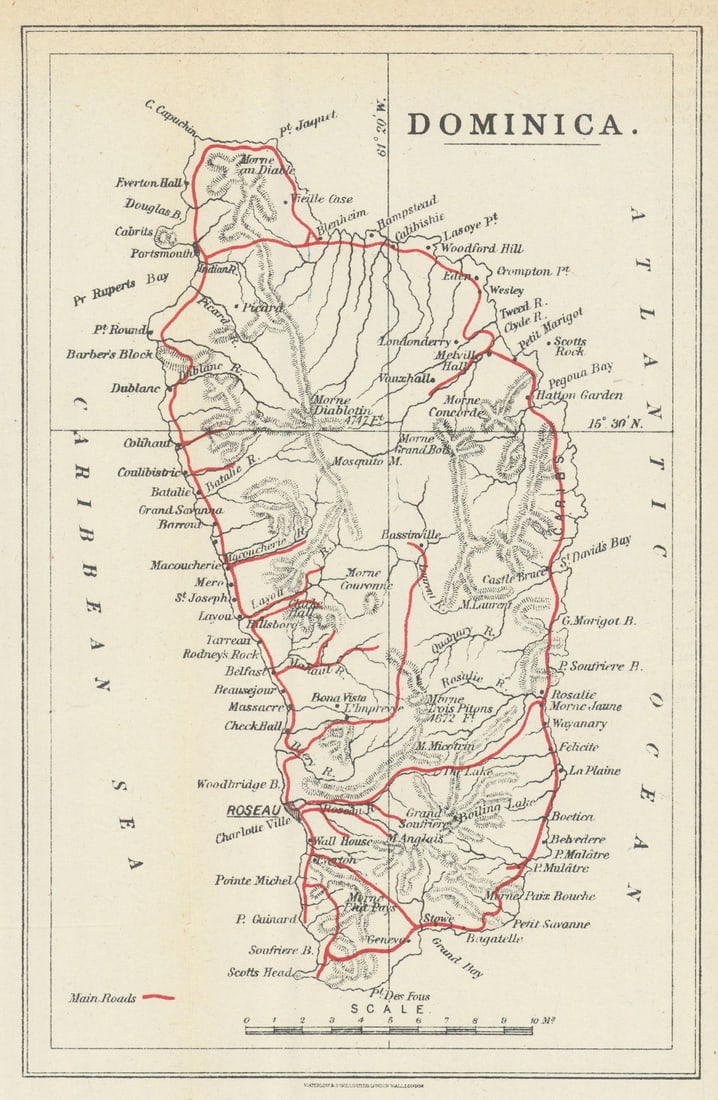 Dominica by Waterlow & Sons showing main roads. Caribbean 1919 old antique map: Title: Dominica by Waterlow & Sons showing main roads. Caribbean 1919 old antique map Description: Dominica'. Waterlow & Sons Ltd., London Wall, London. Published 1919. Antique colour map. Size 22 x 1