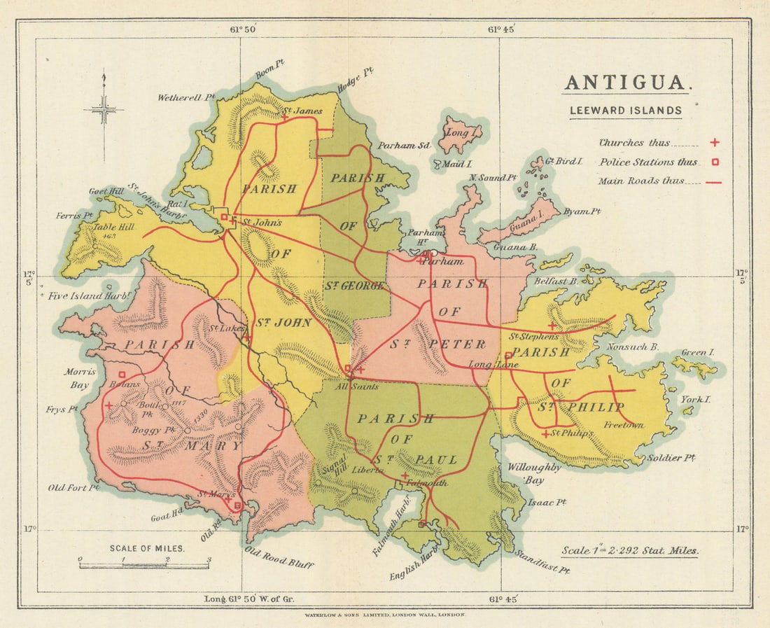 Antigua, Leeward Islands by Waterlow & Sons. Police stations & churches 1919 map (1 of 1)