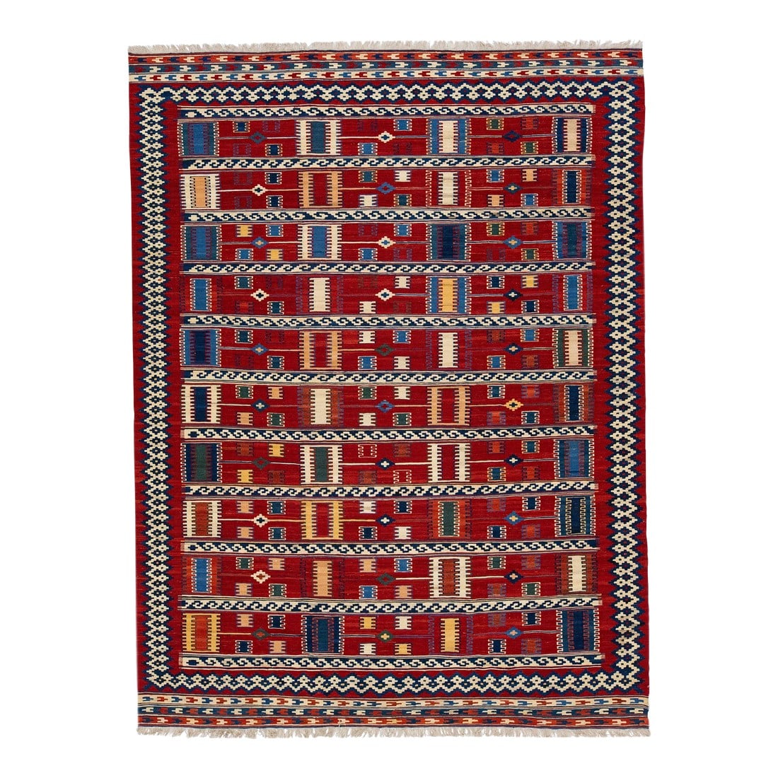 1960s Vintage Kilim Handmade Red Geometric Wool Rug: Beautiful Vintage Kilim hand-knotted wool rug with a red field. This piece has multicolor accents in an all-over geometric design. This rug measures 7'4" x 9'7" Condition: Alterations: Original